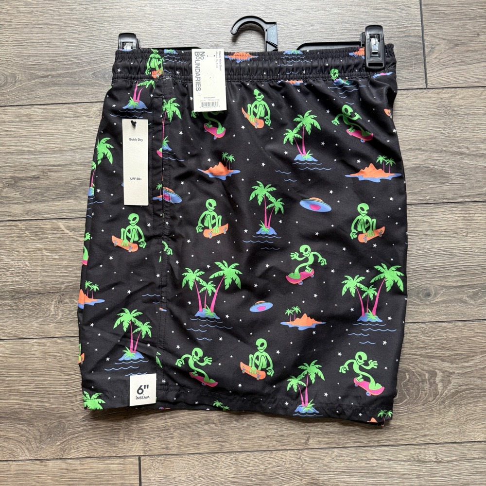 No Boundaries Mens 3XL Alien Skateboard Swim Trunks Black 6" Inseam UPF 50+ NWT - Picture 2 of 8